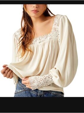 Free People Cream Lace-Trim Peasant Blouse